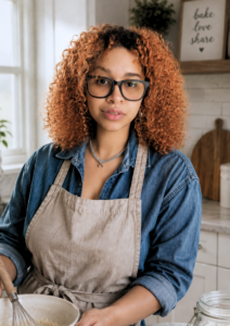 Portrait of Ellie wearing a linen apron while baking in a bright home kitchen.